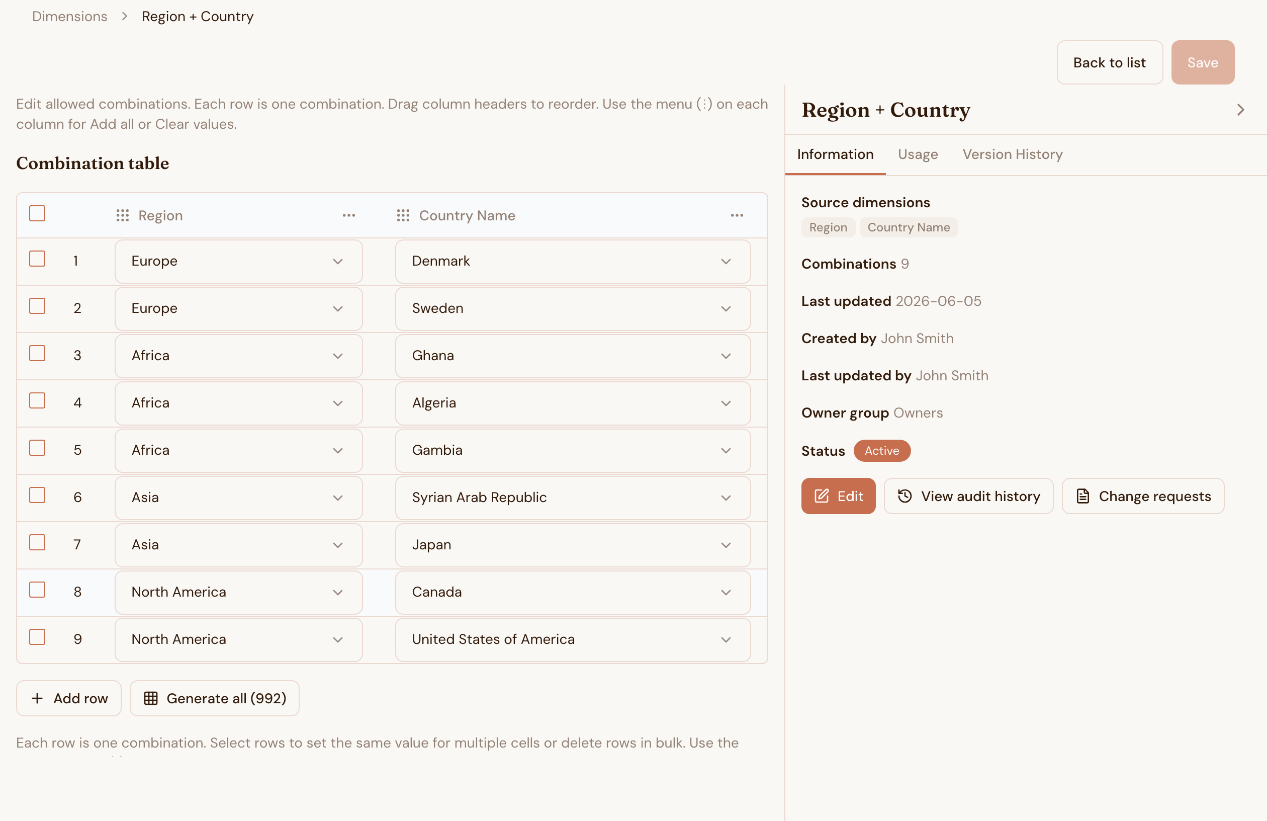 The combinations builder. Region on one axis. Product on the other. Valid pairs checked. Everything else blocked.