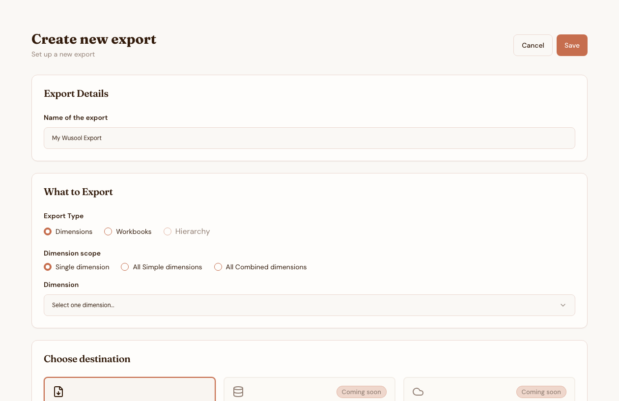 The Data Connections setup form. Destination selected. Schedule set. Two dimensions included. Save and Wusool handles the rest.