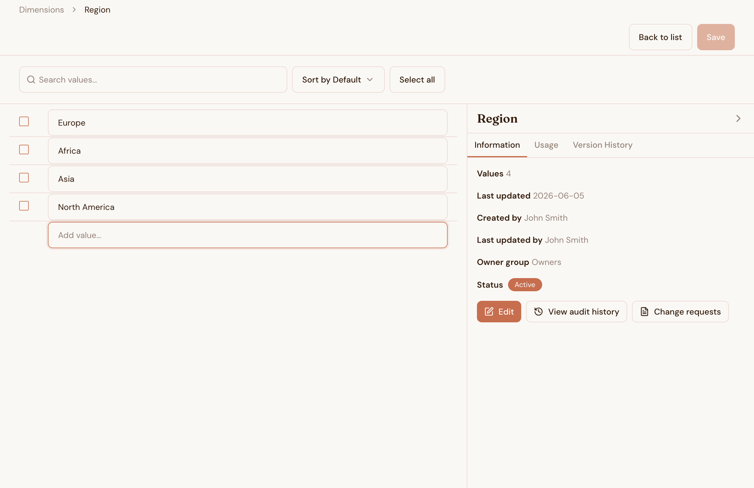 The dimension detail view. Valid values on the left. Change history on the right. One list. Every system.